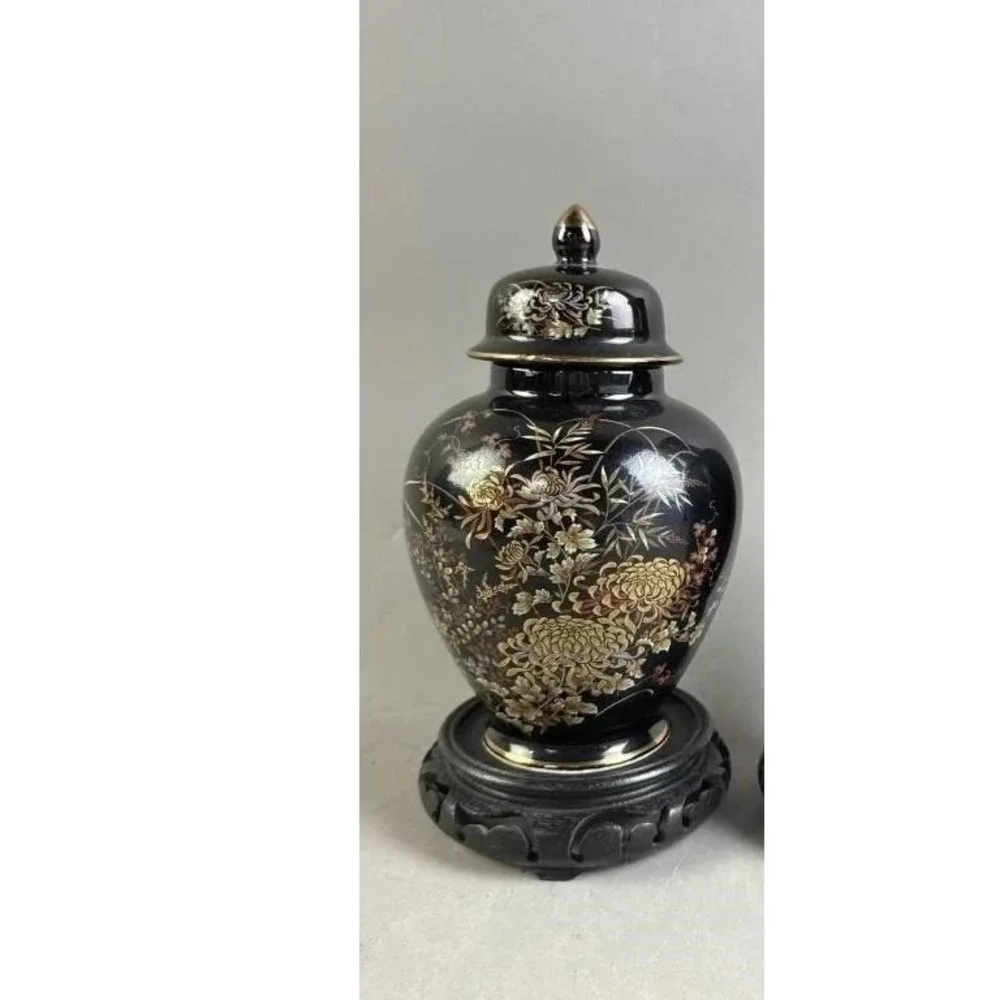 Vintage Black Porcelain Ginger Jar Lid Gold Floral Chinoiserie Wood Stand